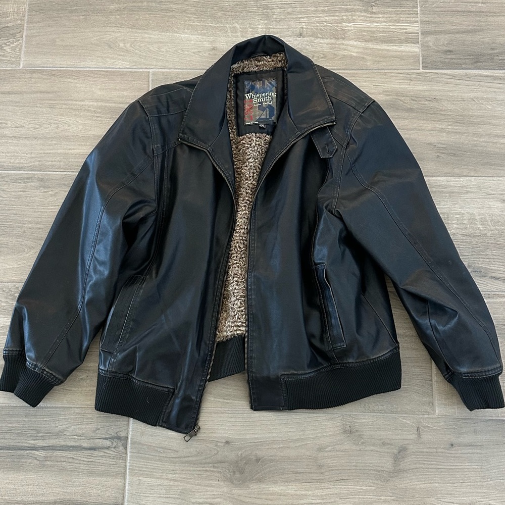 Whispering Smith men’s distressed faux leather jacket.